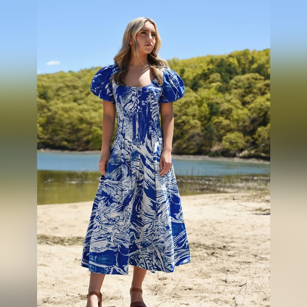 Blue Printmaking Scoop Neck Cotton Midi Dress Size 2 & 8 NWT